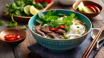 Delicious vietnamese beef pho with fresh herbs and rice noodles in a ceramic bowl