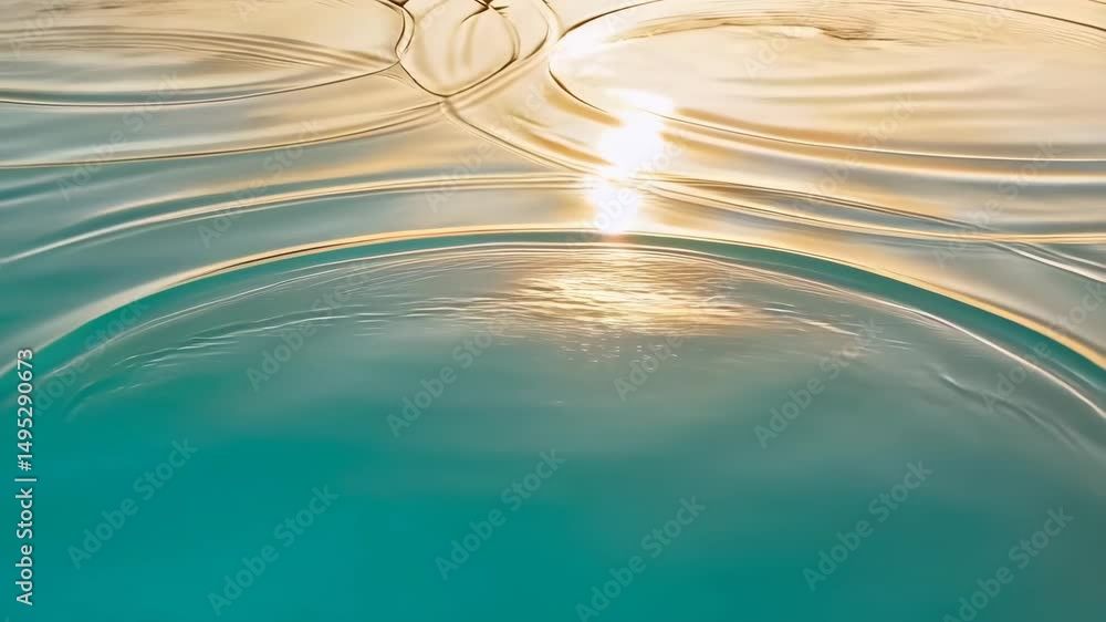 Poster teal blue water surface with concentric ripple patterns and sun reflections creating soothing abstra