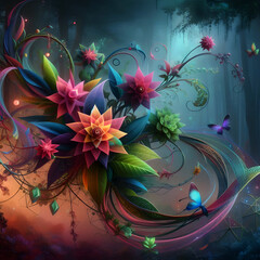 Vibrant fantasy floral arrangement in a mystical forest