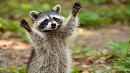 Obraz premium Close-up of a Raccoon standing and reaching upwards with its paws, its masked face and striped tail partially visible