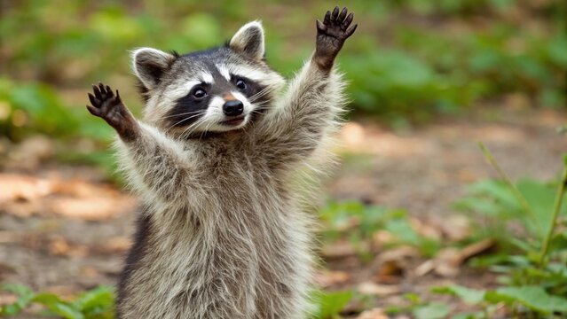 Close-up of a Raccoon standing and reaching upwards with its paws, its masked face and striped tail partially visible