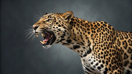 Naklejka premium Close-up profile of a powerful Leopard snarling or roaring, showing its sharp teeth and intense expression against a blurred dark background