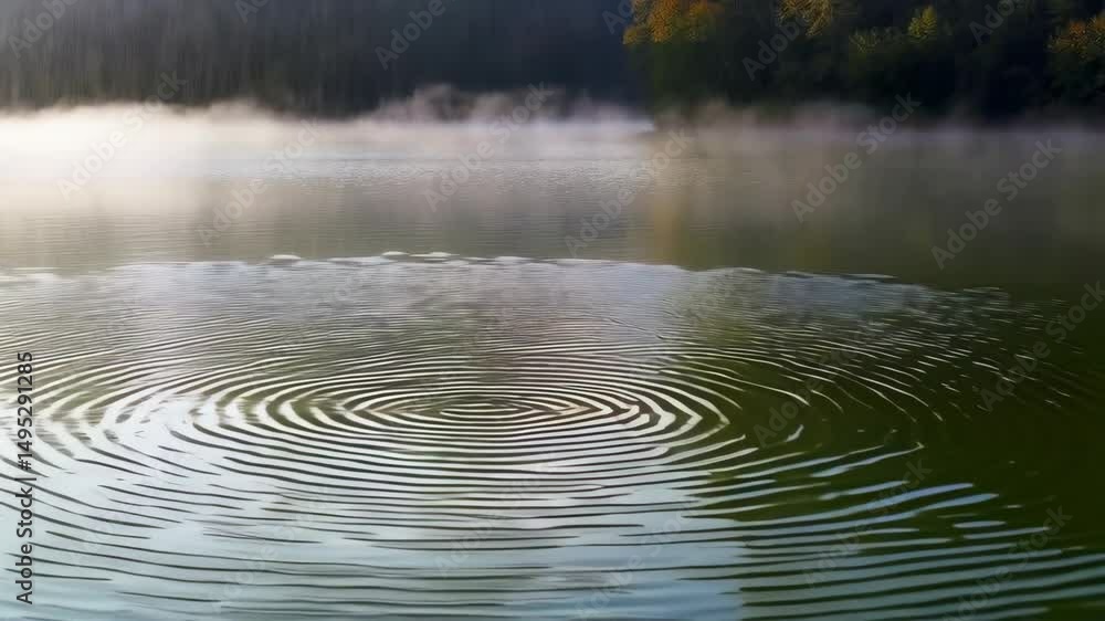 Poster calm lake surface with ripple pattern and a misty woodland backdrop in soft morning light creating a
