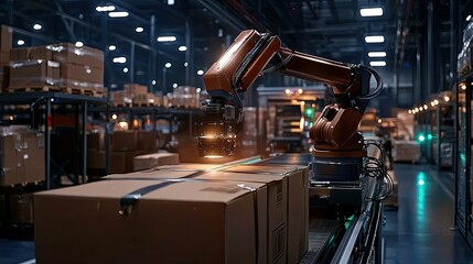 Fototapeta premium Automated Warehouse: Robotic Arm Sorting Packages