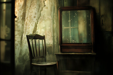 A dusty, abandoned room with a chair, a vanity, and a tattered curtain near a window, hinting at forgotten memories