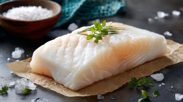Fresh raw cod fillet on brown paper garnished with green herbs and sea salt