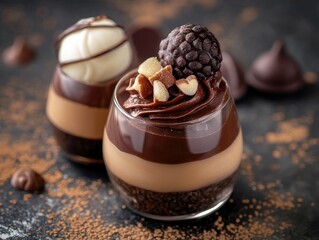 Elegant dessert art showcases chocolate layers and creamy textures in a delightful presentation of sweet indulgence