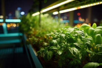 Urban Farming of Basil Under LED Lights at Night, Showcasing Sustainable Agriculture and Innovation in Food Production for a Healthier Lifestyle : Generative AI