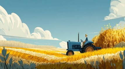 Blue Tractor in Golden Field