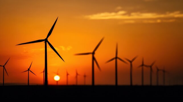 Wind Turbines Silhouetted Against a Fiery Sunset Sky, Illustrating Renewable Energy and Environmental Stewardship for a Sustainable Future : Generative AI - Powered by Adobe
