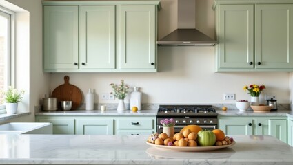 Modern Kitchen Island Mockup: White Marble Counter with Fresh Fruit & Sage Green Cabinets