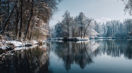 Snow Covered Trees Reflected in Calm Lake Water, Representing Winter Serenity and Environmental Conservation Efforts : Generative AI