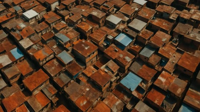 Aerial view of dense slum roofs cityscape urban poverty housing crisis settlement africa slums shacks homes 4k uhd video