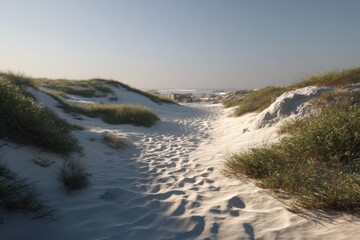Fototapeta premium Sandy Path Leading to the Ocean With Coastal Vegetation, Illustrating Tranquility and Environmental Awareness for Sustainable Tourism : Generative AI