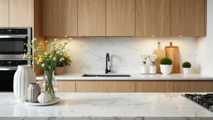 Modern Kitchen Island with Marble Countertop and Floral Decor