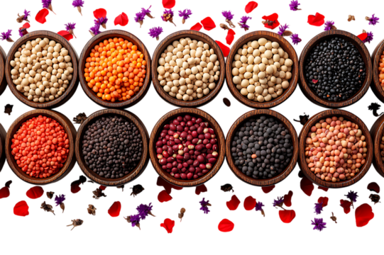 Assorted lentils and pulses in wooden bowls