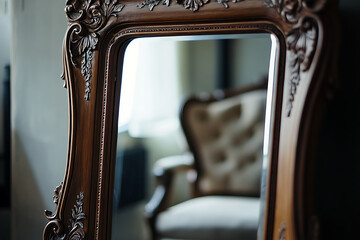 Ornate wooden framed mirror reflects a blurred view of an upholstered chair in a room