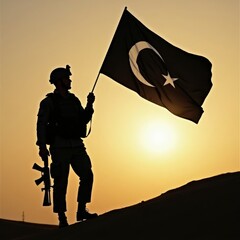 Silhouette of Soldier Holding Turkish Flag at Sunset Pakistan and India