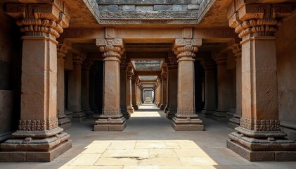 Fototapeta premium Weathered stone temple ruins, intricate carvings , Incan, erosion, weathered