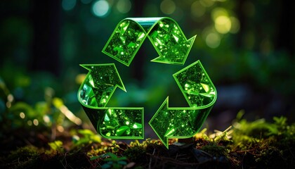 A glowing green recycling symbol sits in a lush forest, symbolizing environmental sustainability and nature conservation.