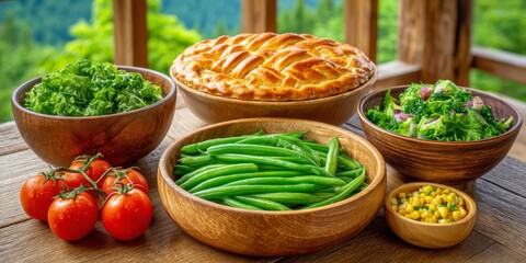 A settler-style outdoor feast with homemade pies and farm vegetables