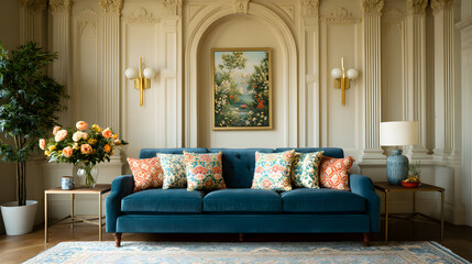 An elegant blue velvet sofa with bright patterned cushions against a cream wall with minimalist gold sconces, angled to show full space 54772053 1