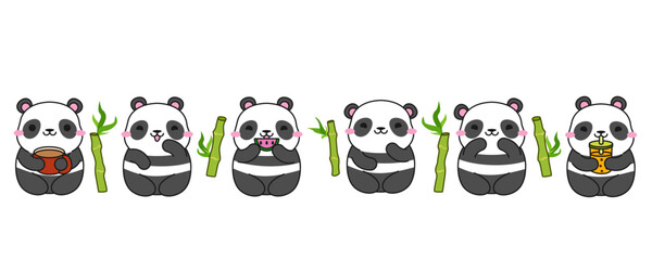 Cute panda with boba tee, panda with watermelon, kawaii cartoon panda character. Bamboo panda bear for cards, print, decoration, printing on clothes. Stock vector illustration on white background.