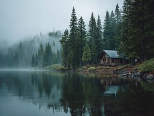 Fototapeta premium Cabin on Misty Lake in Evergreen Forest, Showcasing Tranquility and Remote Getaways for Nature Retreats and Ecotourism Promotion : Generative AI