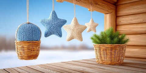 Homemade decorations and crafts hanging from a wooden cabin porch