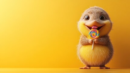 Cute bird cartoon holding lollipop, yellow background, children's illustration