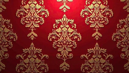 Intricate floral damask pattern in elegant gold on deep red background, vintage, damask