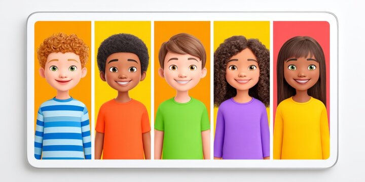 a realistic photo of a tablet displaying a group of kids creating comic messages with avatars