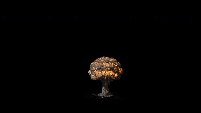 Mushroom cloud explosion in slow motion, two-thirds high angle, 4k 24p, with alpha channel and green screen for transparent background