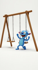 Joyful blue creature on swing set