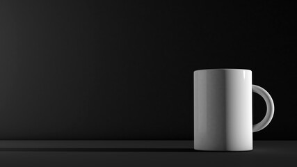 A white coffee mug on a dark background. 3d render illustration