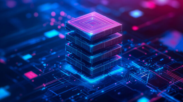 Abstract technological concept: Stack of glowing data blocks on circuit board