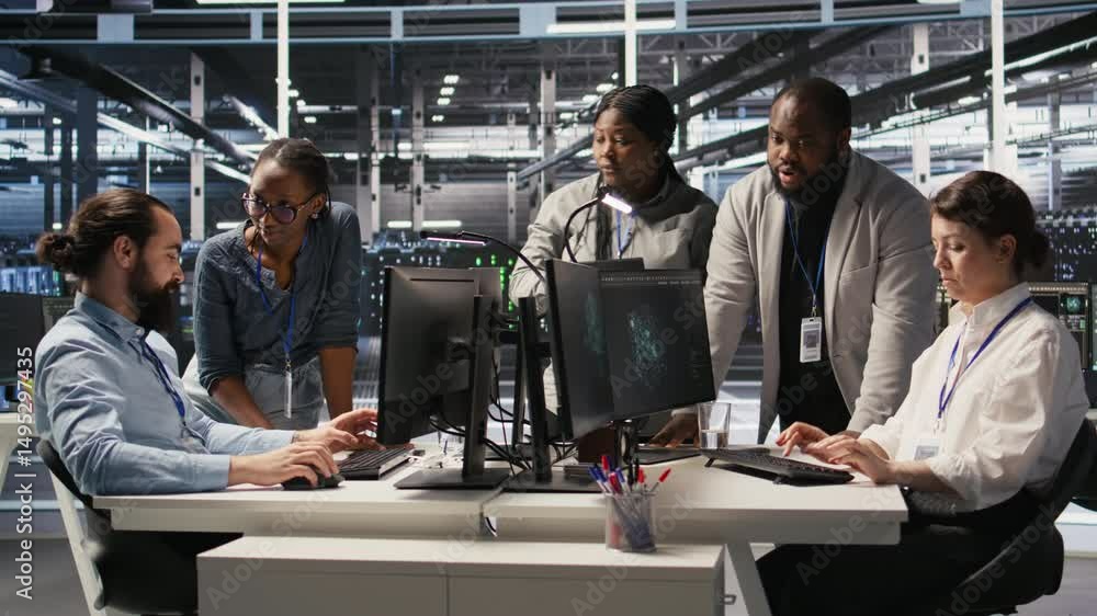 Poster engineering team in data center using ai automation during maintenance session. server hub coworkers