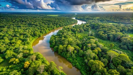 Drone view of green jungle with tree and river landscape