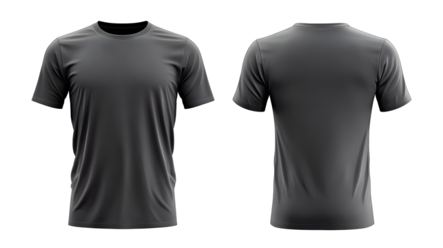 dark gray t shirt round neck template from two sides isolated on transparent white background, clipping path
