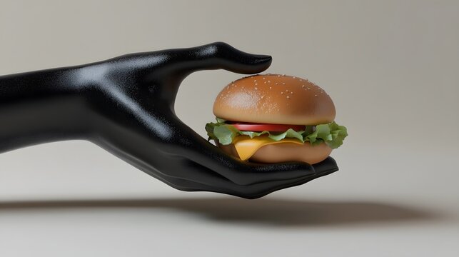 A black hand holds a small burger against a light backdrop.