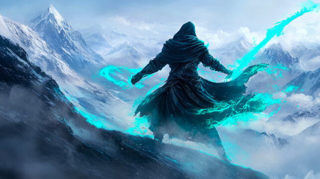Mystical Warrior Conjuring Energy in a Snowy Mountain Range