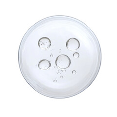 Clear Water Droplets in a Petri Dish with Bubbles and Reflections on transparent background