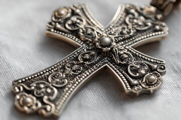 Ornate Silver Cross on White Fabric, Symbolizing Faith, Spirituality, and Religious Devotion for Church Events and Memorials : Generative AI