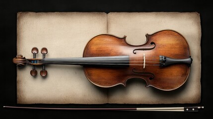 Fototapeta premium Vintage Wooden Violin on Old Paper Background with Bow in Artistic Arrangement