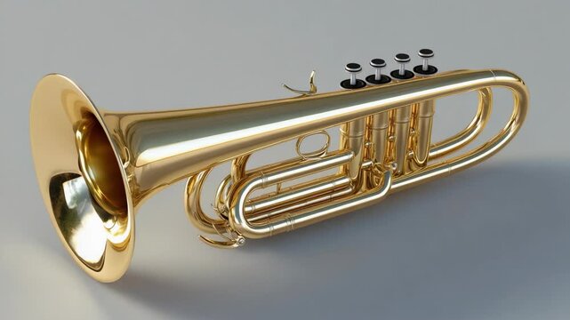 A golden flugelhorn lies on a white surface.