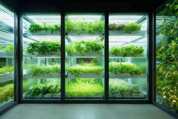 Fototapeta premium Vertical hydroponic garden with lush leafy greens growing under bright LED lights in a compact indoor apartment, showcasing sustainable urban farming. ai generative