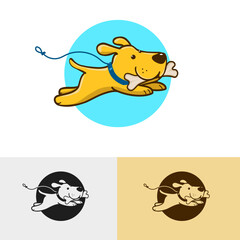 Cute cartoon light brown puppy, jumping dog with a large bone in its mouth