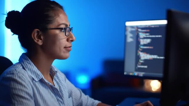 Woman coding at a computer in a dimly lit room with blue lighting