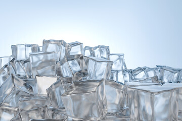 Close-Up Pile of Clear Ice Cubes on a Soft Blue Background