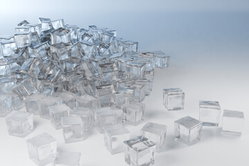 Scattered Clear Ice Cubes on a Light Surface with Subtle Shadows